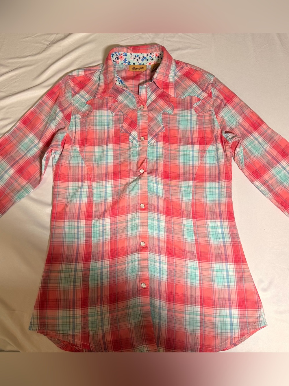 Wrangler Pink and Aqua Plaid Western Button-Down Shirt
